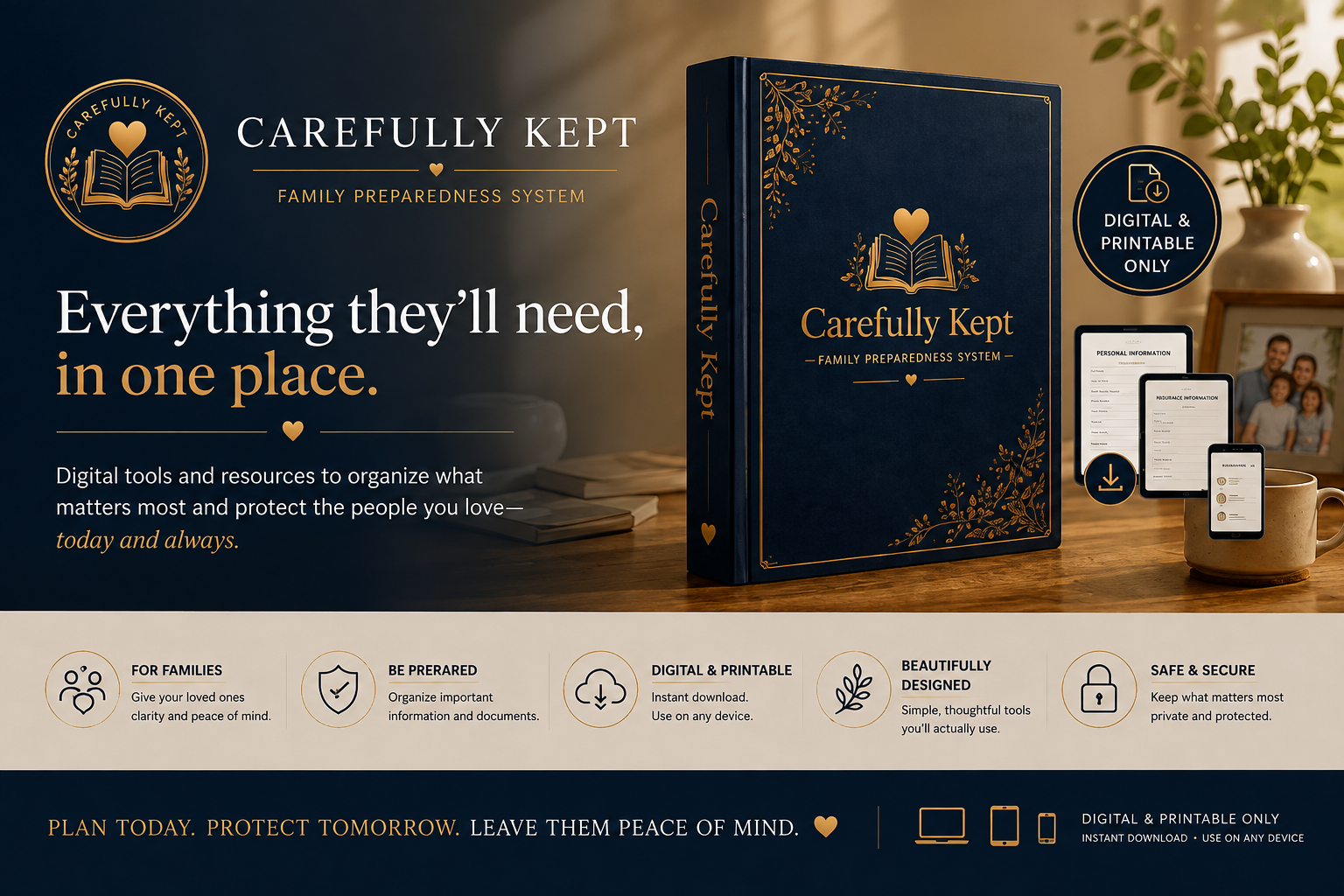 Carefully Kept Family Preparedness System — navy and gold binder shown with tablet, phone, and printable pages