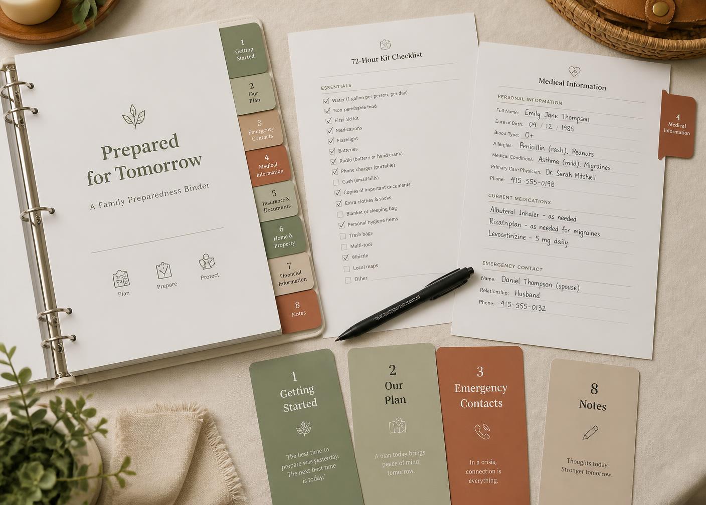 Printed binder pages, tabbed dividers, a 72-hour kit checklist, and a filled-in medical information sheet laid out on a cream tablecloth
